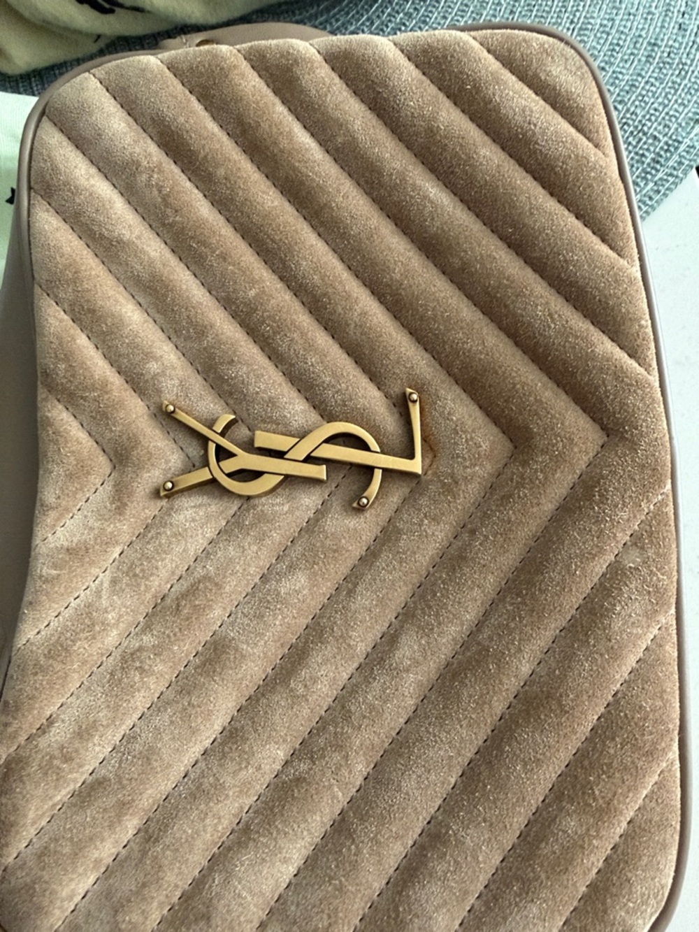 Saint Laurent Taupe Suede Quilted Crossbody with Gold YSL - Picture 3 of 9